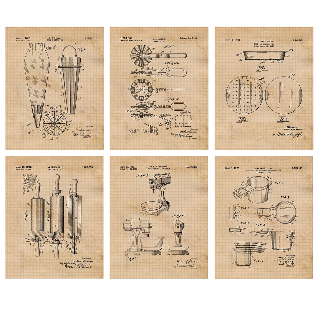 Classic Baking Patent Prints, 6 Unframed Photos, Wall Art Decor for ...