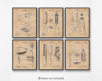 Klassisches Haar-Styling-Werkzeug Patentdruck, 6 ungerahmte Fotos, Wand-Kunst-Dekor-Geschenk für Zuhause Arbeit Büro Design Studio Salon Stylist Friseur