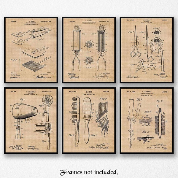 Vintage Hair Styling Tools Patent Prints, 6 Unframed Photos, Wall Art Decor Gifts for Home Office Design Studio Salon Stylist Hairdresser