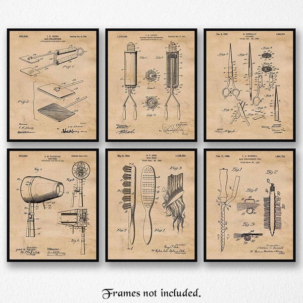Classic Hair Styling Tool Patent Prints, 6 Unframed Photos, Wall Art Decor Gift for Home Work Office Design Studio Salon Stylist Hairdresser