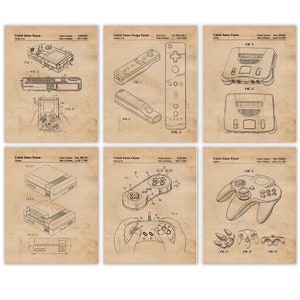 Klassische Videospiele Patent Drucke, 6 ungerahmte Fotos, Wand Kunst Dekor Geschenk für Haus Werkstatt Büro Schule Schüler Nintendo Gaming ComicCon