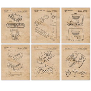 Vintage Video Games Patent Prints, 6 Unframed Photos, Wall Art Decor Gifts for Home Office Man Cave Student Nintendo Gamers Comic-Con Fans