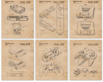 Vintage Video Games Patent Prints, 6 Unframed Photos, Wall Art Decor Gifts for Home Office Man Cave Student Nintendo Gamers Comic-Con Fans