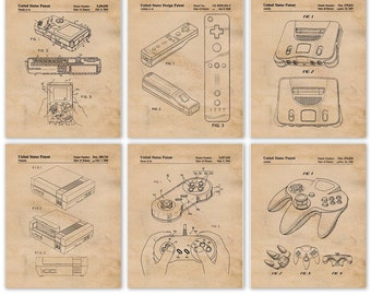 Classic Video Games Patent Prints, 6 Unframed Photos, Wall Art Decor Gift for Home Workshop Office School Student Nintendo Gaming ComicCon