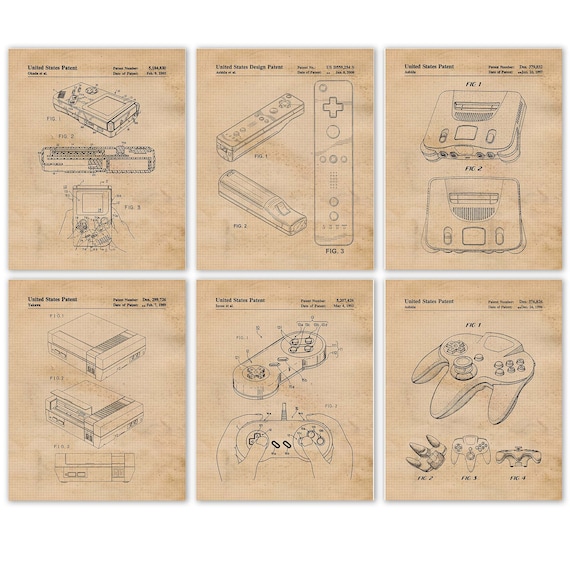 Vintage Video Games Patent Prints, 6 Unframed Photos, Wall Art Decor Gifts  for Home Office Man Cave Student Nintendo Gamers Comic-con Fans 