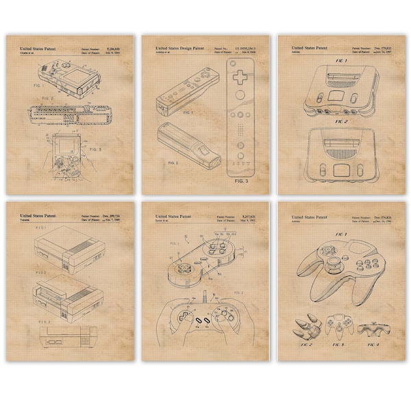 Classic Video Games Patent Prints, 6 Unframed Photos, Wall Art Decor for Home Work Shop Office Tech School Student Teacher Nintendo Gamer