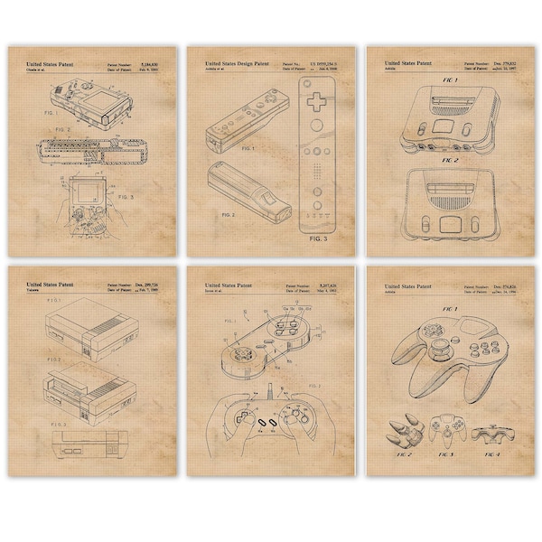 Vintage Video Games Patent Prints, 6 Unframed Photos, Wall Art Decor Gifts for Home Office Man Cave Student Nintendo Gamers Comic-Con Fans