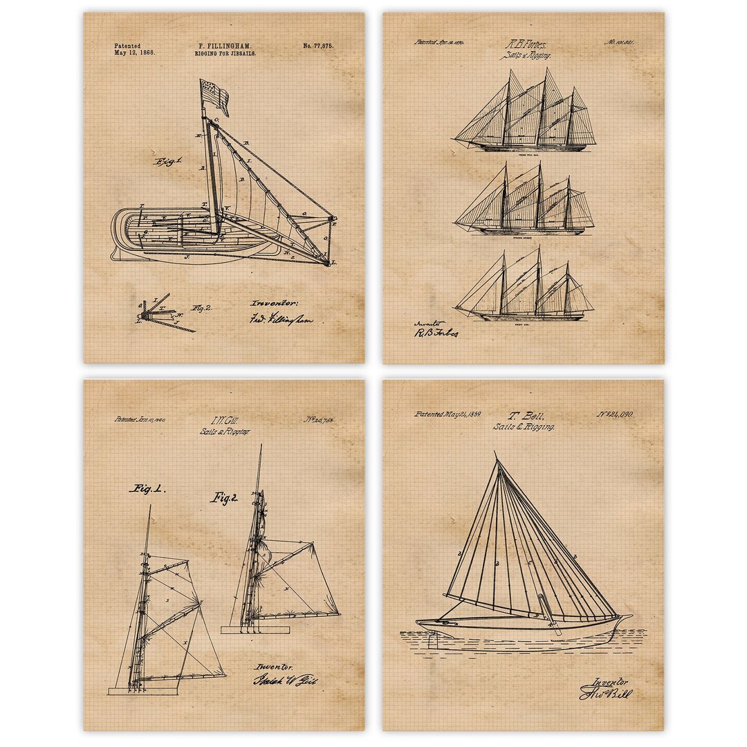 Vintage Sailing Rigging Patent Prints, 4 Unframed Photos, Wall Art ...