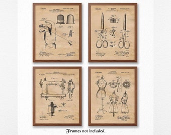 Vintage Sewing Patent Prints, 4 Unframed Photos, Wall Art Decor for Home Office Repair Garage School Student Teacher Apparel Engineer Design