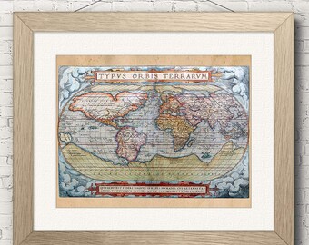 ヴィンテージ 1570年 世界地図レプリカプリント フレームなし写真1枚