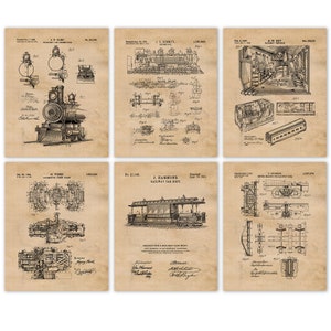 Vintage Locomotive Engine Car Body Patent Prints, 6 Unframed Photos, Wall Art Decor for Home Office Garage Railroad Train Tracks Engineer