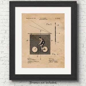 May include: A vintage patent drawing for an advertising sign featuring a person riding a bicycle. The drawing is in black and white and has the text "F.B. HART ADVERTISING SIGN" and "No. 25,448".
