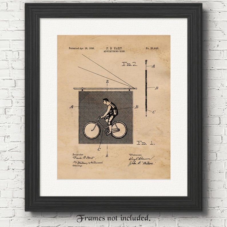 May include: A vintage patent drawing for an advertising sign featuring a person riding a bicycle. The drawing is in black and white and has the text "F.B. HART ADVERTISING SIGN" and "No. 25,448".