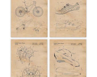 Mountainbike Patent Drucke, 4 ungerahmte Fotos, Wand Kunst Dekor Geschenk für Home Office Werkstatt Garage Schule Schüler Lehrer Coach Road Team