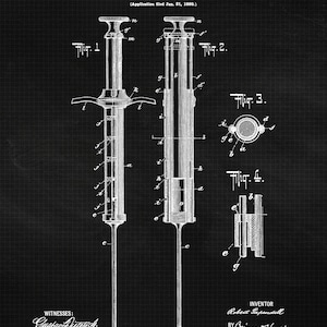 May include: Black and white patent drawing of a hypodermic syringe. The drawing shows the syringe in different positions and includes details of its construction. The patent number is 637,405 and the date is November 21, 1899. The inventor is Robert Papendell.