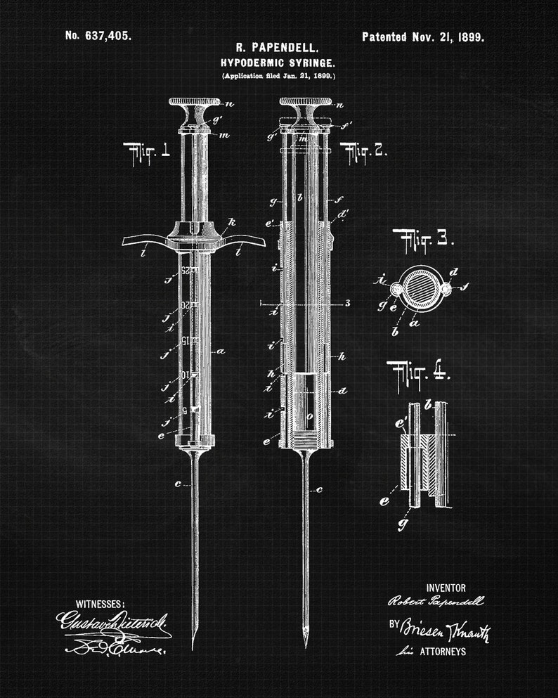 May include: Black and white patent drawing of a hypodermic syringe. The drawing shows the syringe in different positions and includes details of its construction. The patent number is 637,405 and the date is November 21, 1899. The inventor is Robert Papendell.