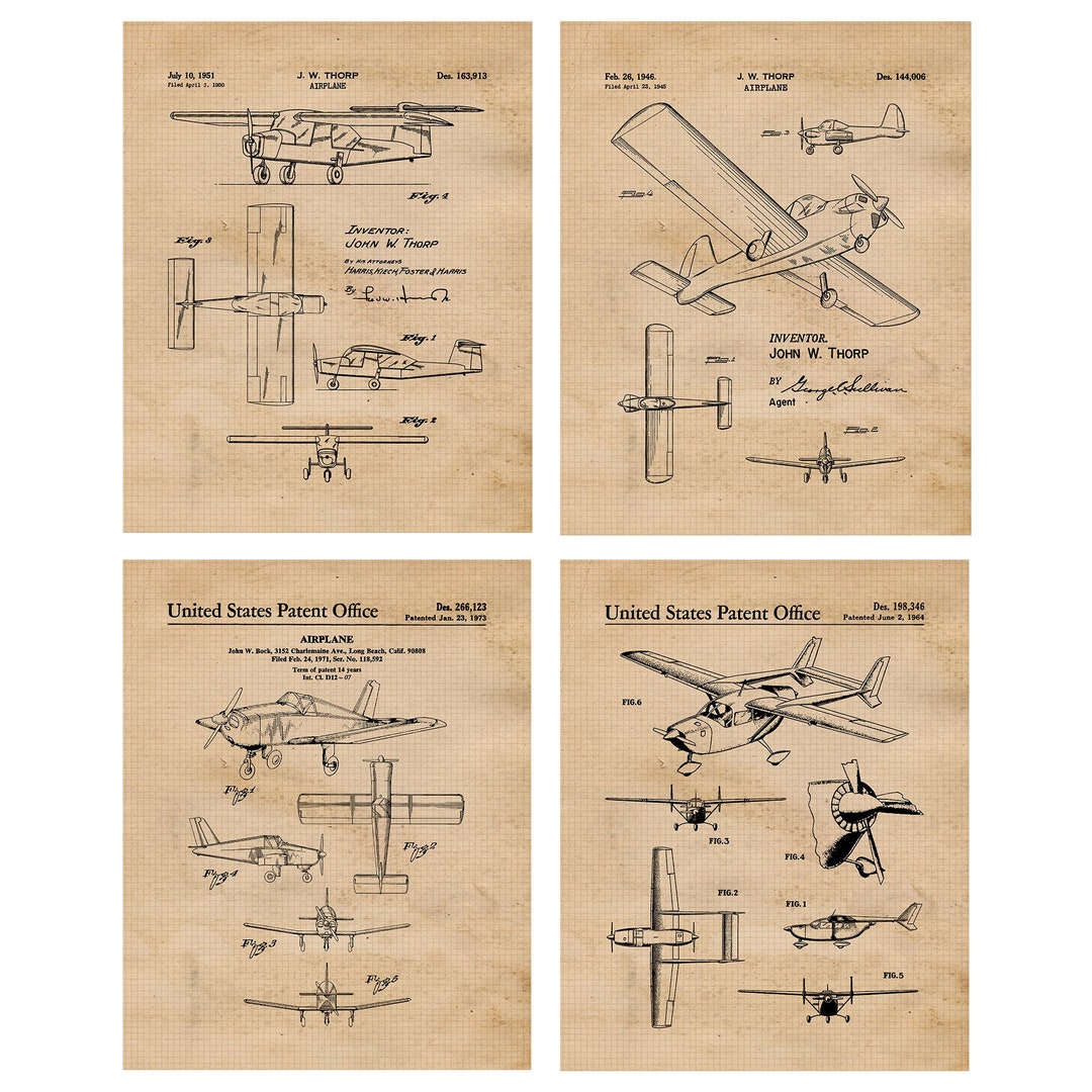 Vintage Propeller Airplane Patent Prints, 4 Unframed Photos, Wall Art ...