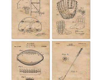 Classic Sports V2 Patent Prints, 4 Unframed Photos, Wall Art Decor for Home Work Office Gears Garage Gym School Team Student Teacher Coach