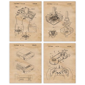 Vintage Atari Nintendo Video Games Patent Prints, 4 Unframed Photos, Wall Art Decor Gifts for Home Office Man Cave Student Comic-Con Gaming