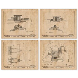 May include: A set of four black and white architectural blueprints of the "The Robie House" designed by Frank Lloyd Wright. The blueprints show the south, north, east, and west elevations of the house, as well as the upper loft plan, second floor plan, and first floor plan.