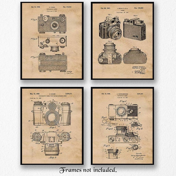 Stampe brevettate vintage classiche per fotocamera, 4 foto senza cornice Decorazioni da parete, regali per casa, ufficio, garage, Man Cave, studenti, insegnanti, fan della fotografia