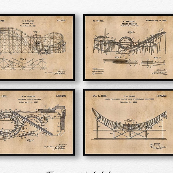 Vintage Roller Coaster Patent Poster Prints, 4 Unframed Photos, Wall Art Decor Gifts for Home Office, Student, Teacher Coach Theme Park Fan