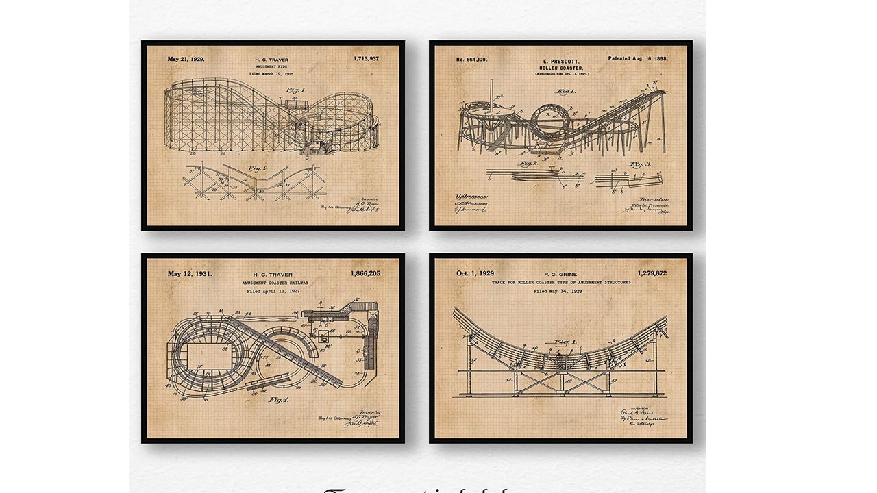 Vintage Roller Coaster Theme Park Rides Patent Prints, 4 Unframed Photos, Wall Art Decor Gift for Home Engineer Office Student Teacher Coach