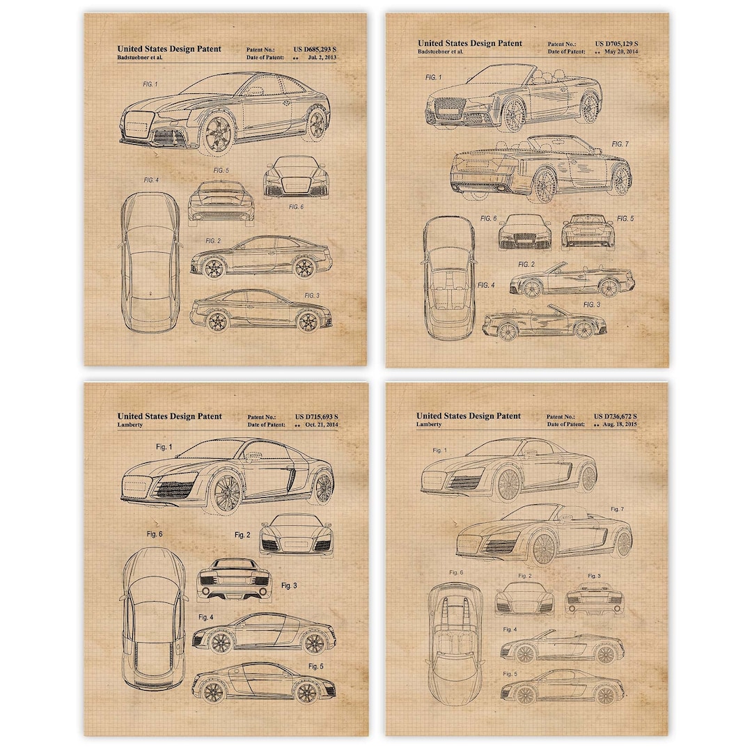 Classic German Auto Patent Prints, 4 Unframed Photos, Wall Art Decor ...
