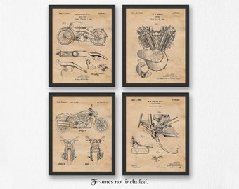 Vintage Motorcycle Patent Prints, 4 Unframed Photos, Wall Art Decor Gifts for Home Office Man Cave USA Veterans Davidson Harley Bike Garage