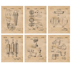 Vintage Baking Patent Prints, 6 Unframed Photos, Wall Art Decor Gifts for Home Office Kitchen Diner Bakery Cook Pastry Student Teacher Chef