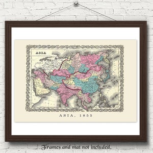 Vintage Asien 1855 Karte Drucke, 1 ungerahmte Fotos, Wand-Kunst-Dekor für Haus Büro Schule Studenten Lehrer Welt Kontinente Geographie Entdecker