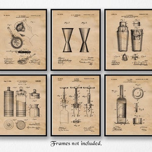 Vintage Bartender Cocktail Wine Patent Prints, 6 Unframed Photos, Wall Art Decor Gift for Home Workshop Office Lounge Bar Garage Winery Cafe
