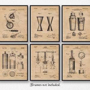 Vintage Bartender Cocktail Wine Patent Prints, 6 Unframed Photos, Wall Art Decor Gifts for Home Office Man Cave Bar Garage Shop Student Fans image 1