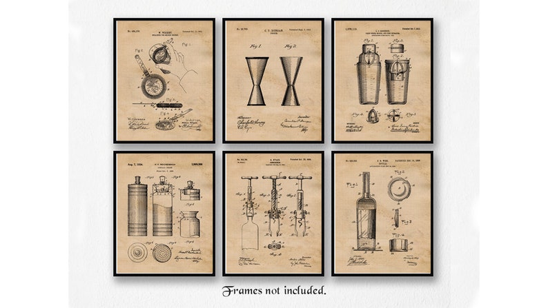 Vintage Bartender Cocktail Wine Patent Prints, 6 Unframed Photos, Wall Art Decor Gifts for Home Office Man Cave Bar Garage Shop Student Fans image 1