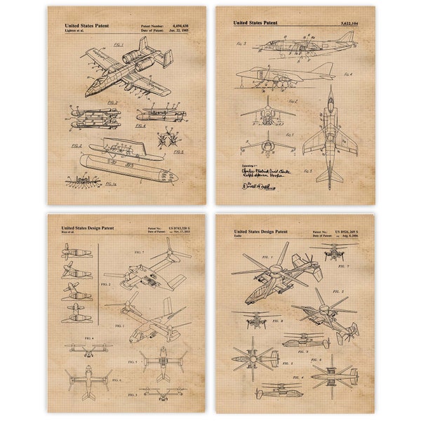 Vintage A10 V22 Osprey Sikorsky Helicopter Military Aircraft Patent Prints, 4 Unframed Photos, Wall Art Decor for Home Office Airplane Pilot