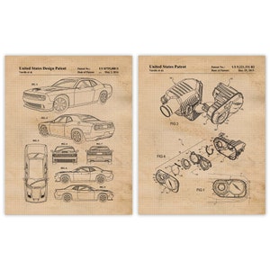 May include: Two black and white patent drawings. The left drawing shows a side view, top view, and rear view of a car. The right drawing shows a detailed diagram of a car engine part. The text on the left drawing reads "United States Design Patent" and "US D755,080 S". The text on the right drawing reads "United States Patent" and "US 9,221,331 B2".