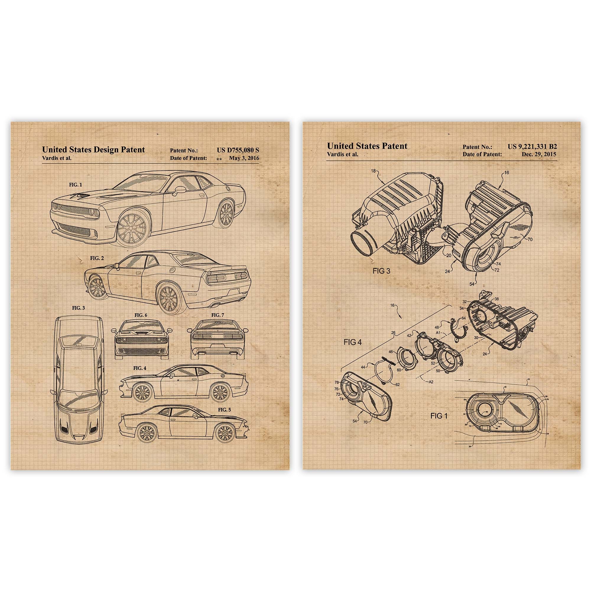 Classic Challenger Hellcat Patent Prints, 2 Unframed Photos, Wall Art Decor Gift for Home Dodge Workshop Office Mopar Garage Engineer School