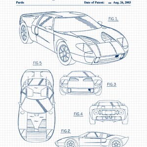 May include: A blueprint style drawing of a Ford GT40 race car. The drawing shows the car from five different angles: side, front, rear, top, and a close-up of the front. The drawing is on a blue grid background. The text "US D478,843 S" and "Aug. 26, 2003" are in the top right corner of the drawing.