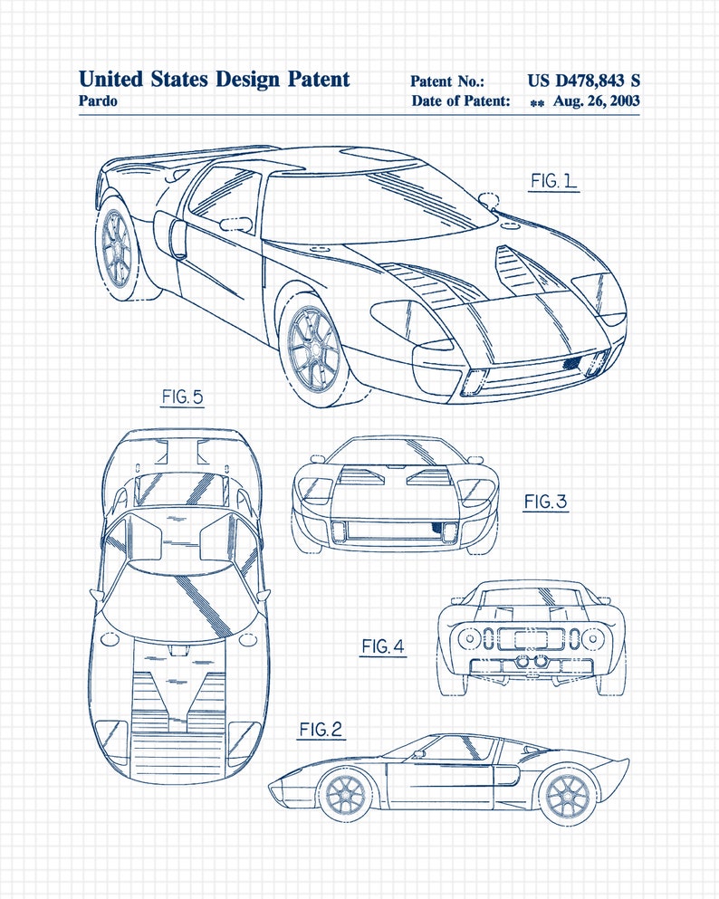 May include: A blueprint style drawing of a Ford GT40 race car. The drawing shows the car from five different angles: side, front, rear, top, and a close-up of the front. The drawing is on a blue grid background. The text "US D478,843 S" and "Aug. 26, 2003" are in the top right corner of the drawing.