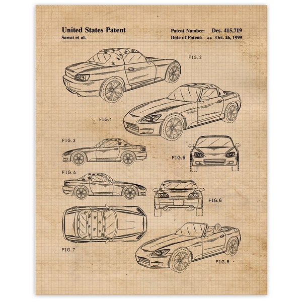 Vintage S2000 Patent Prints, 1 Unframed Photos, Wall Art Decor Gifts for Home Honda Office Man Cave Engine Garage Shop Student Teacher Coach