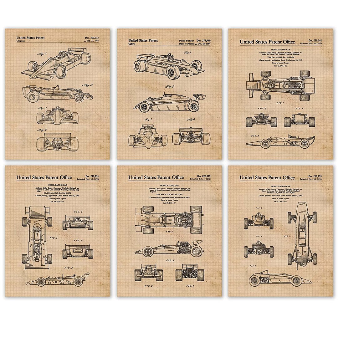 Vintage F1 Motorsports Car Patent Prints, 6 Unframed Photos, Wall Art