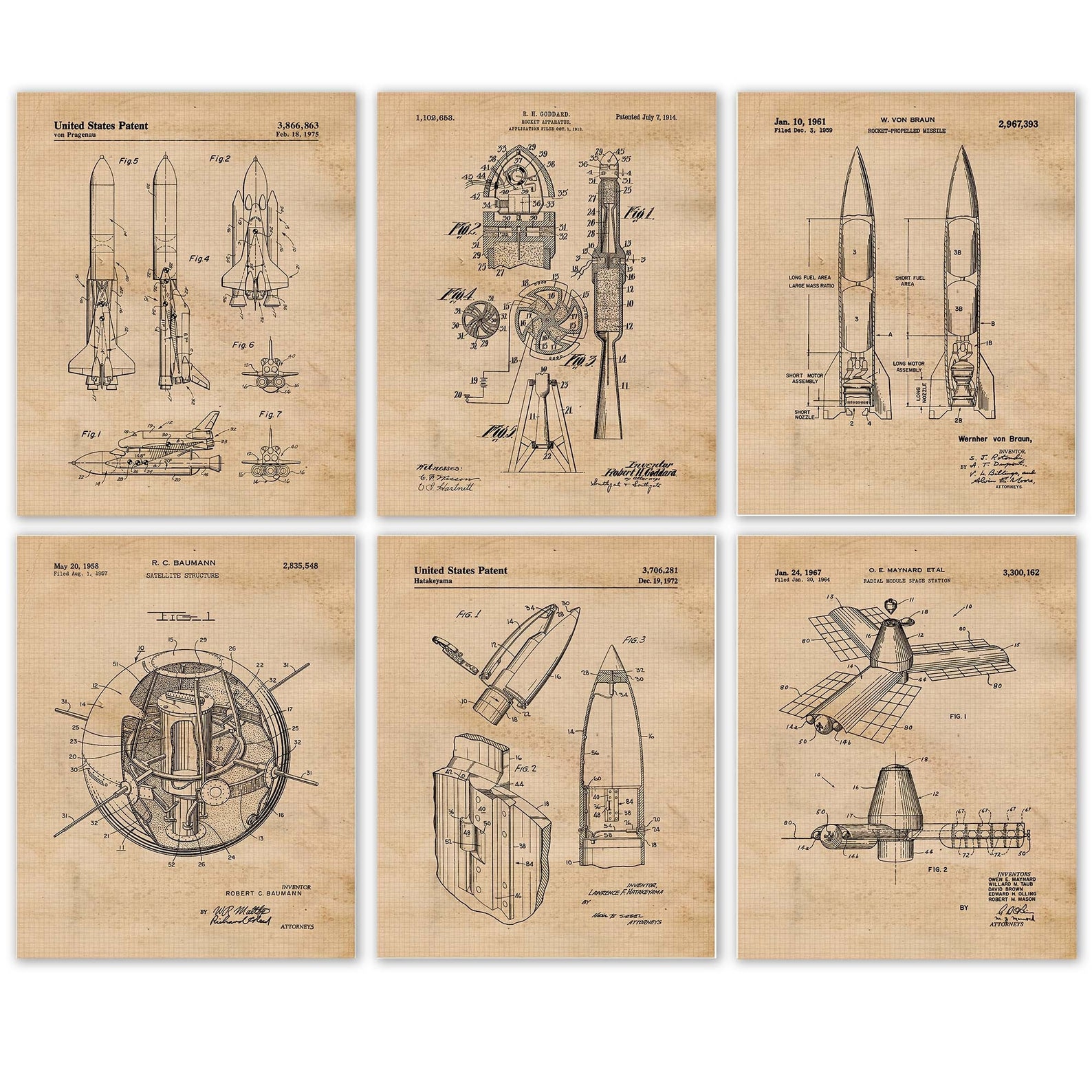 Vintage NASA Space Exploration Patent Prints, 6 Unframed Photos, Wall ...