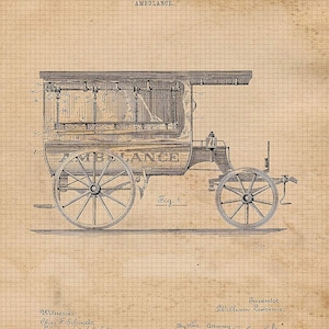May include: A black and white line drawing of a horse-drawn ambulance. The ambulance is a wagon with a boxy body and a large sign that reads "AMBULANCE". The drawing is on a gridded background with the text "No. 398,517. W. LAWRENCE. Patented Feb. 26, 1889. AMBULANCE."