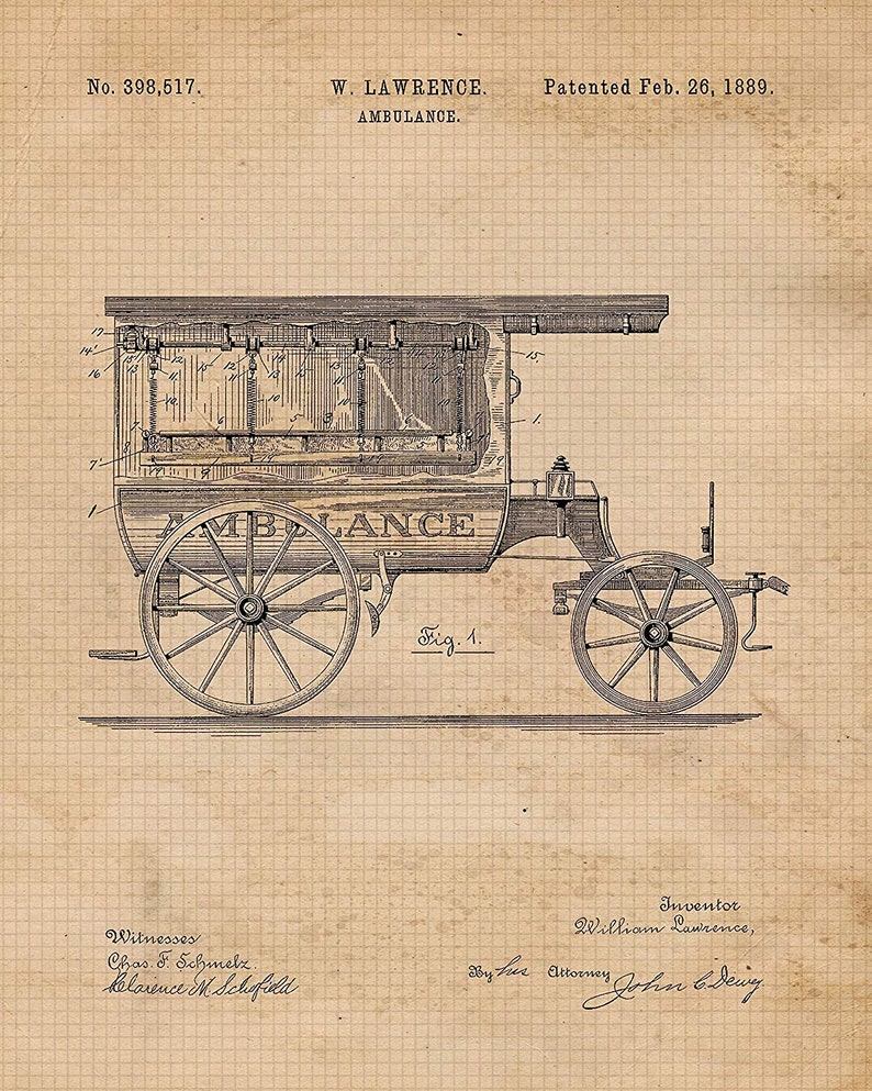 May include: A black and white line drawing of a horse-drawn ambulance. The ambulance is a wagon with a boxy body and a large sign that reads "AMBULANCE". The drawing is on a gridded background with the text "No. 398,517. W. LAWRENCE. Patented Feb. 26, 1889. AMBULANCE."
