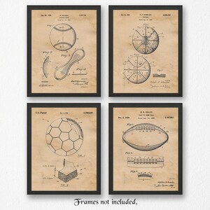 May include: Set of four vintage-style prints featuring patent drawings of a baseball, basketball, soccer ball, and football. Each print is framed in black and has a beige background.