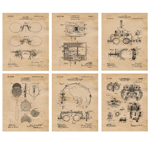 Vintage Optometry Eye Glass Doctor Patent Prints, 6 Unframed Photos, Wall Art Decor Gifts for Home Office Studio Student Teacher Optometrist