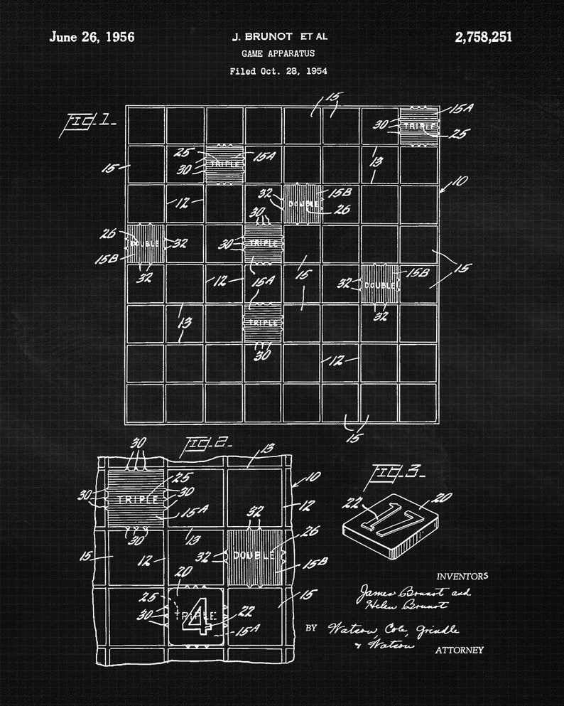 Vintage Scrabble Game Patent Prints, 1 Unframed Photo, Wall Art Decor for Home Office Man Cave Student Teacher Coach Family Night Gaming Fan Black