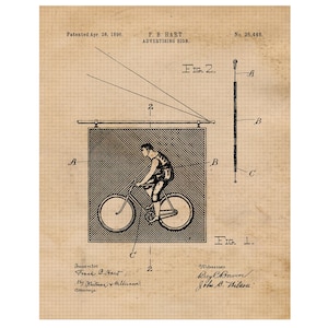 May include: A black and white illustration of a patent for an advertising sign. The sign features a man riding a bicycle. The patent is dated April 28, 1896 and is titled "F. B. HART. ADVERTISING SIGN."