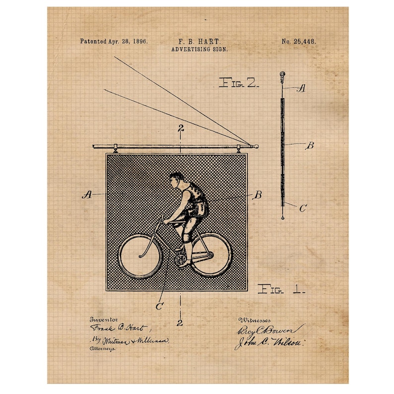 May include: A black and white illustration of a patent for an advertising sign. The sign features a man riding a bicycle. The patent is dated April 28, 1896 and is titled "F. B. HART. ADVERTISING SIGN."