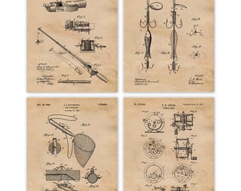 Vintage Fishing Patent Prints, 4 Unframed Photos, Wall Art Decor for Home Work Office Bait Lures Rods Reels Gear Shop Nature Hiking Camping